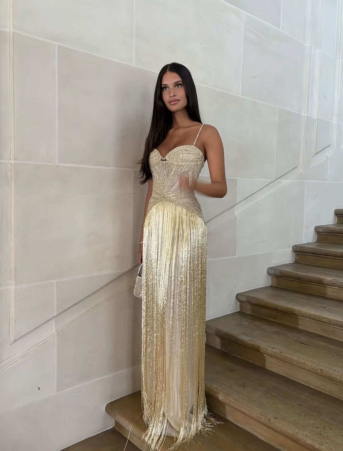Gold Tassel Prom Party Dress Luxurious Evening Dress 21st Birthday Dress