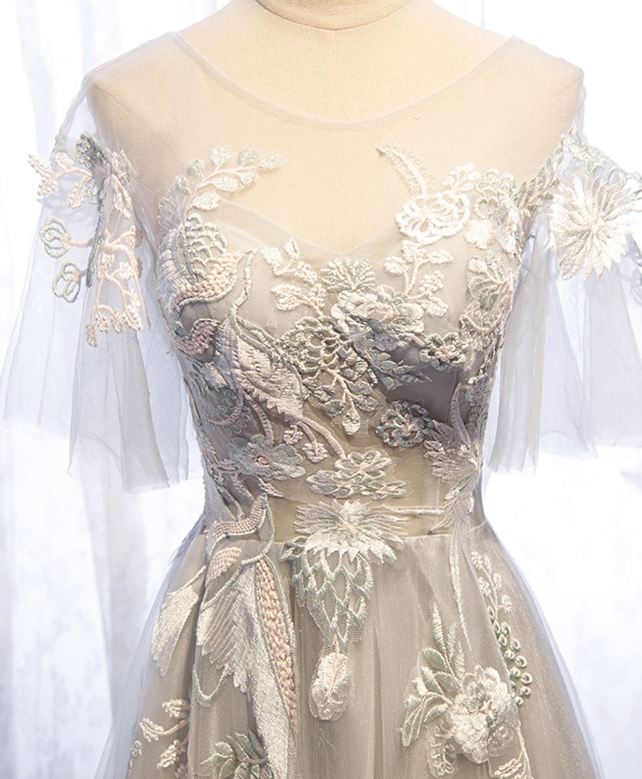 Gray round neck tulle lace long prom dress gray tulle formal dress
