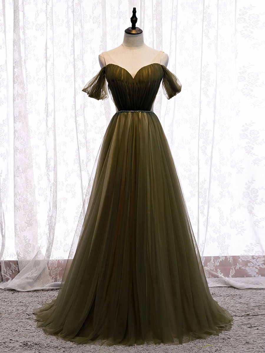 Simple green v neck tulle long prom dress green evening dress