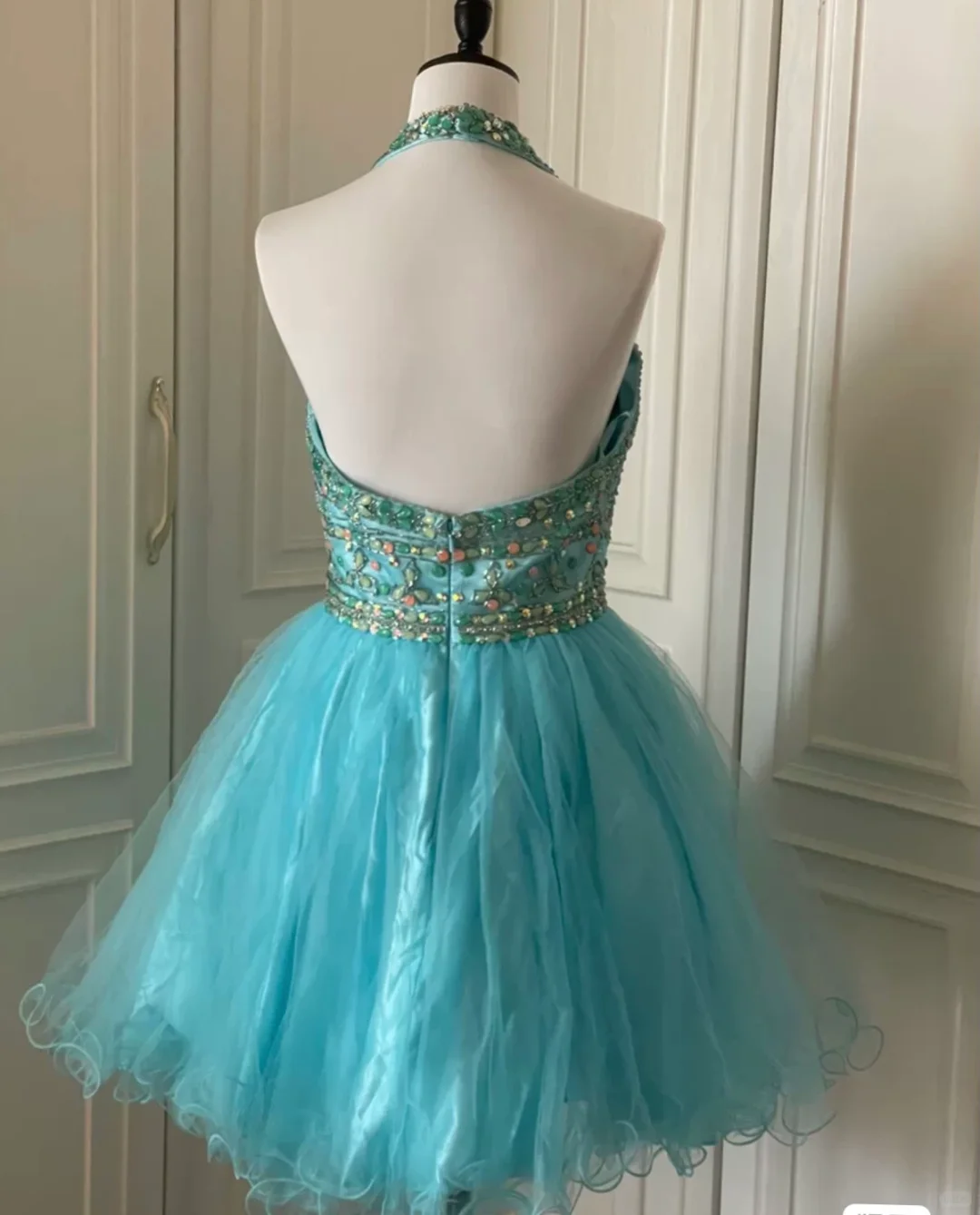 Vintage Blue Tulle Beaded Sleeveless A Line Birthday Dress Homecoming Dress