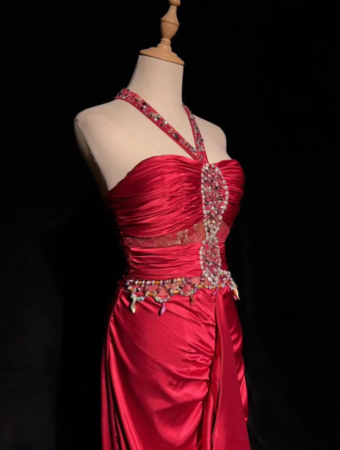 Pretty Halter Satin Pleated Beaded Cerise Pink Long Evening Dress Formal Wedding Guest Dress