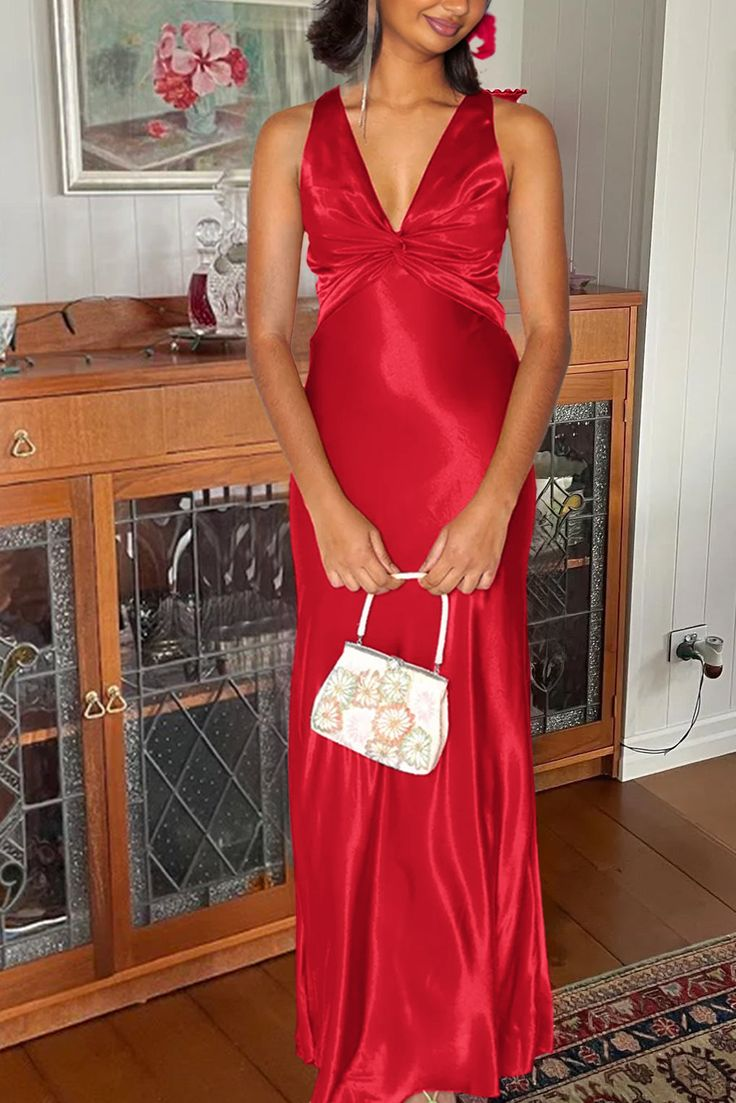 Vintage Olive Green V Neck Satin Long Prom Dress Evening Dress