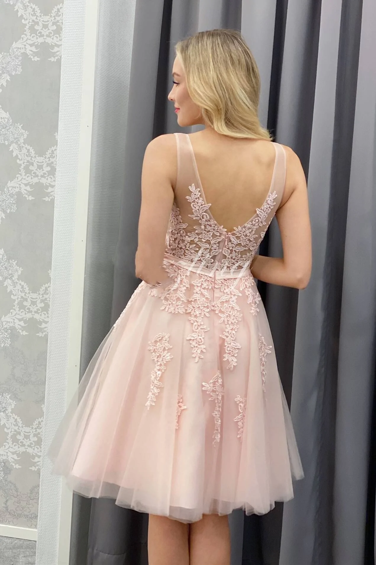 A-line Pink Short Homecoming Dress with Lace Appliques