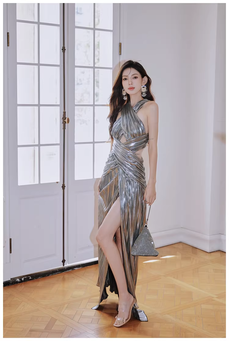 Fashion Silver Gray Satin Pleated High Slit Long Evening Dress Sexy Prom Dress