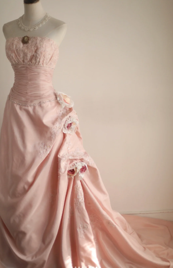 Pretty Pink Strapless Satin Lace Appliques Mermaid Long Party Dress Birthday Dress With 3D Flowers