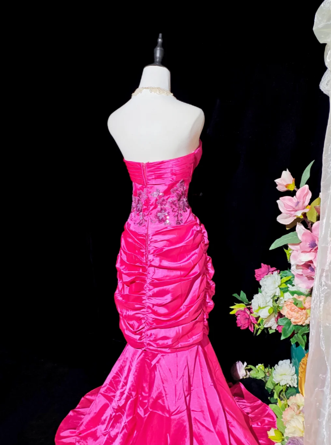 Sexy Hot Pink Satin Beaded Mermaid Long Party Dress Formal Wedding Guest Dress
