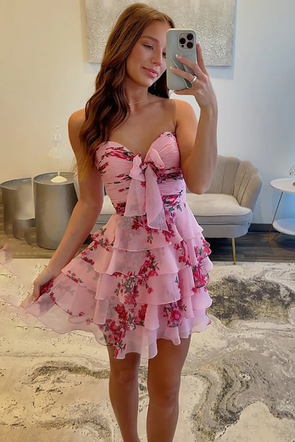 New A Line Sweetheart Blue Printed Short Homecoming Dress with Ruffles