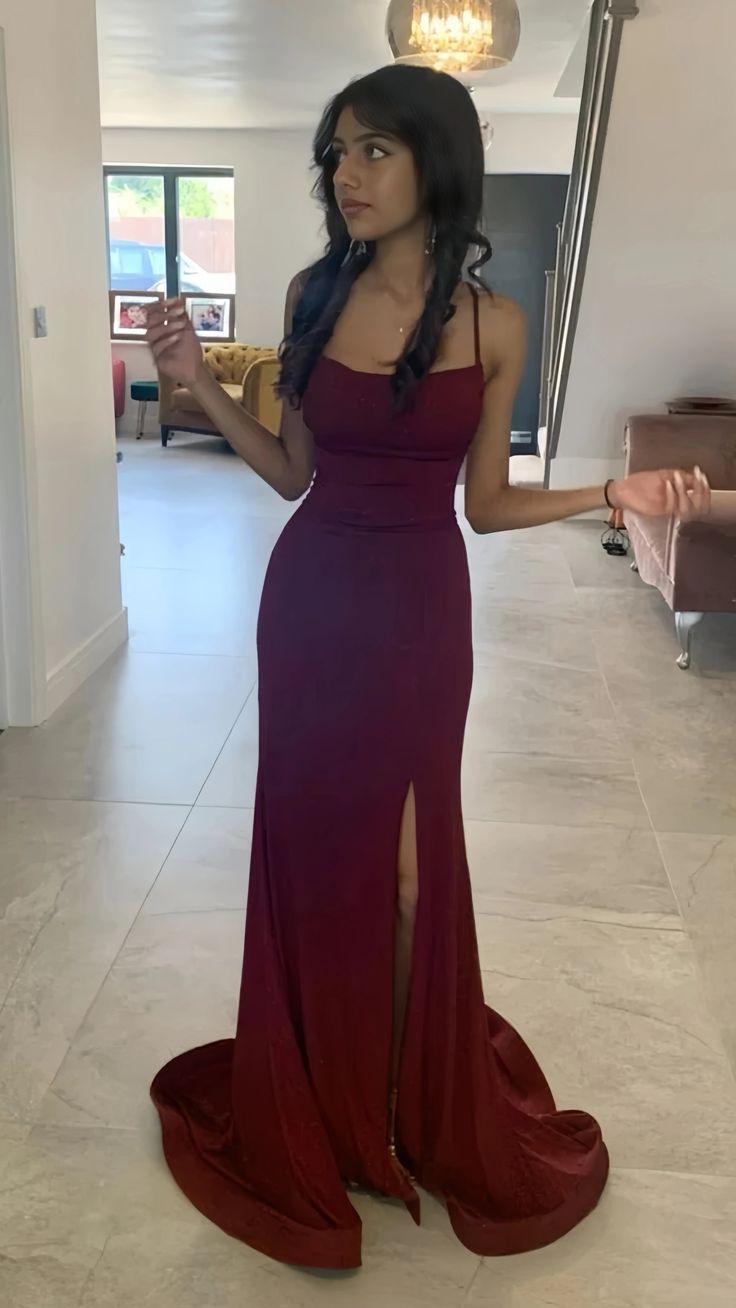 Sexy Mermaid Spaghetti Straps Burgundy Sleeveless Sequin Prom Dress