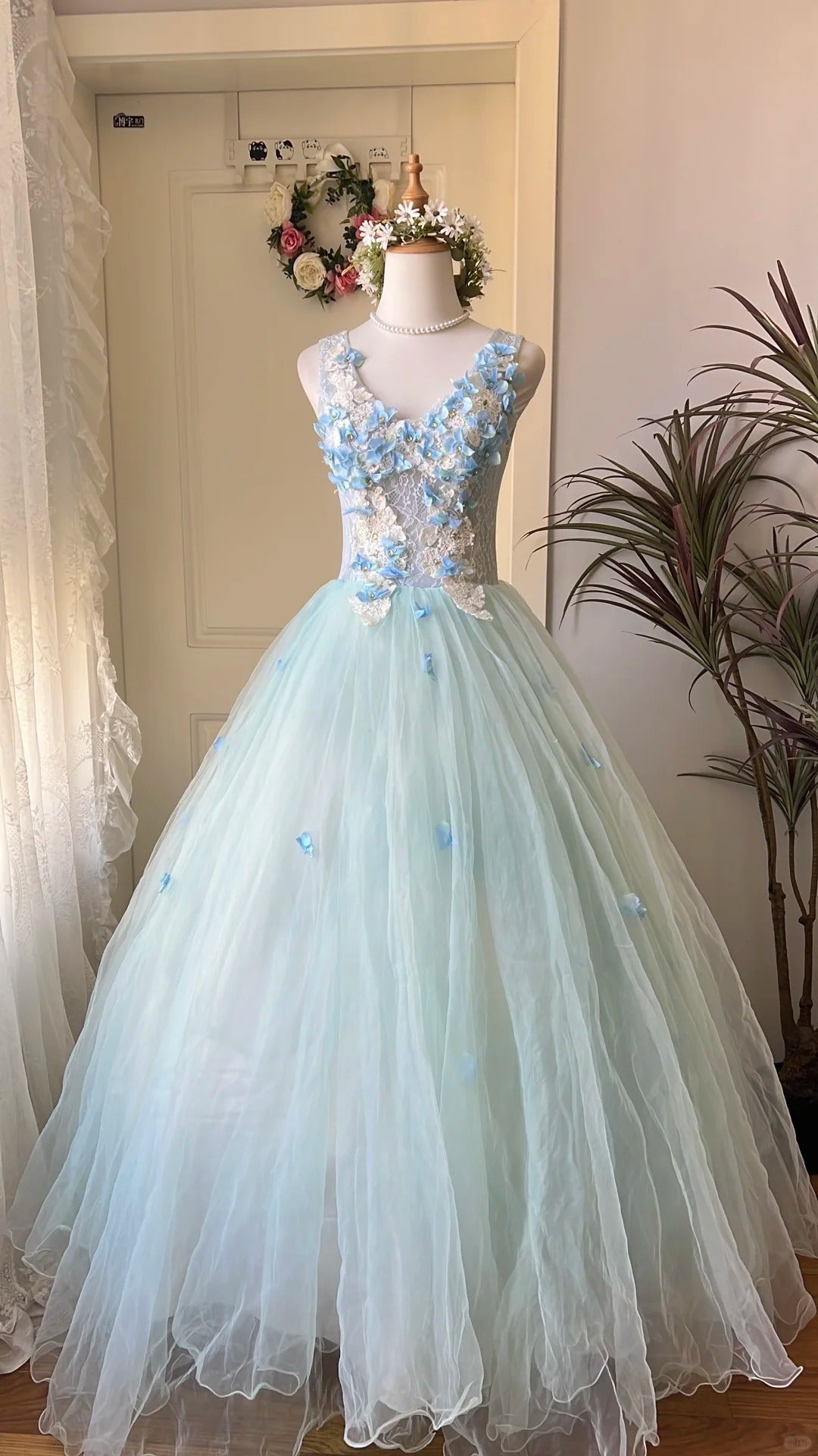 Dreamy Flower Fairy Light Blue 3D Floral V-Neck Tulle Ball Gown Evening Dress
