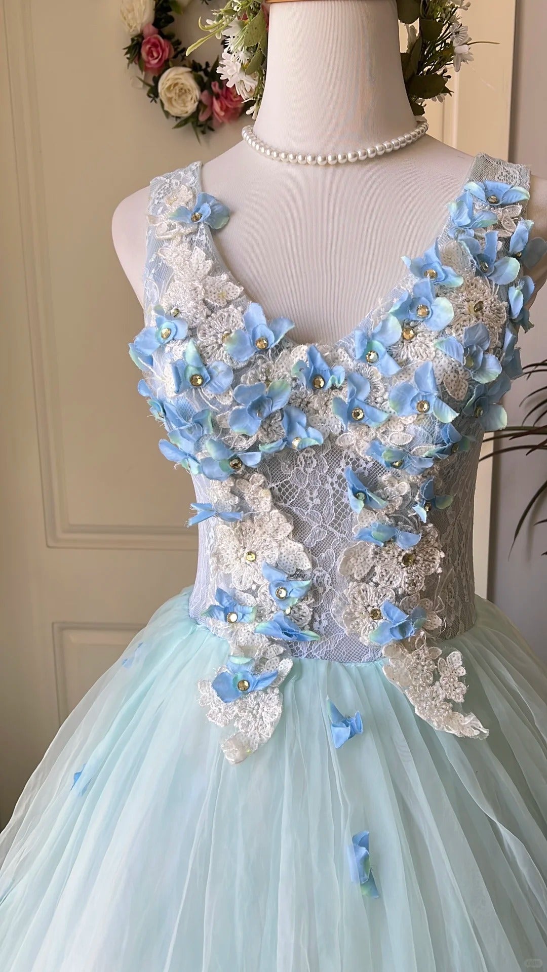 Dreamy Flower Fairy Light Blue 3D Floral V-Neck Tulle Ball Gown Evening Dress