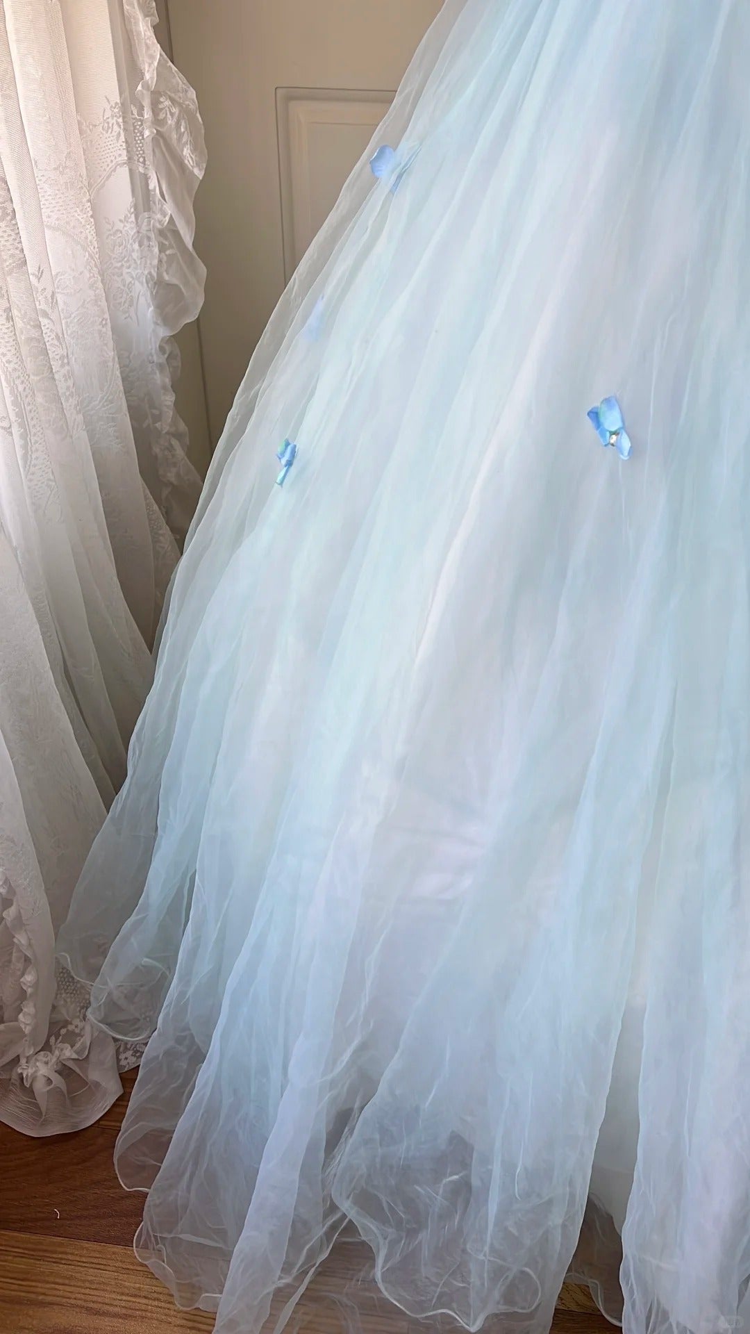 Dreamy Flower Fairy Light Blue 3D Floral V-Neck Tulle Ball Gown Evening Dress