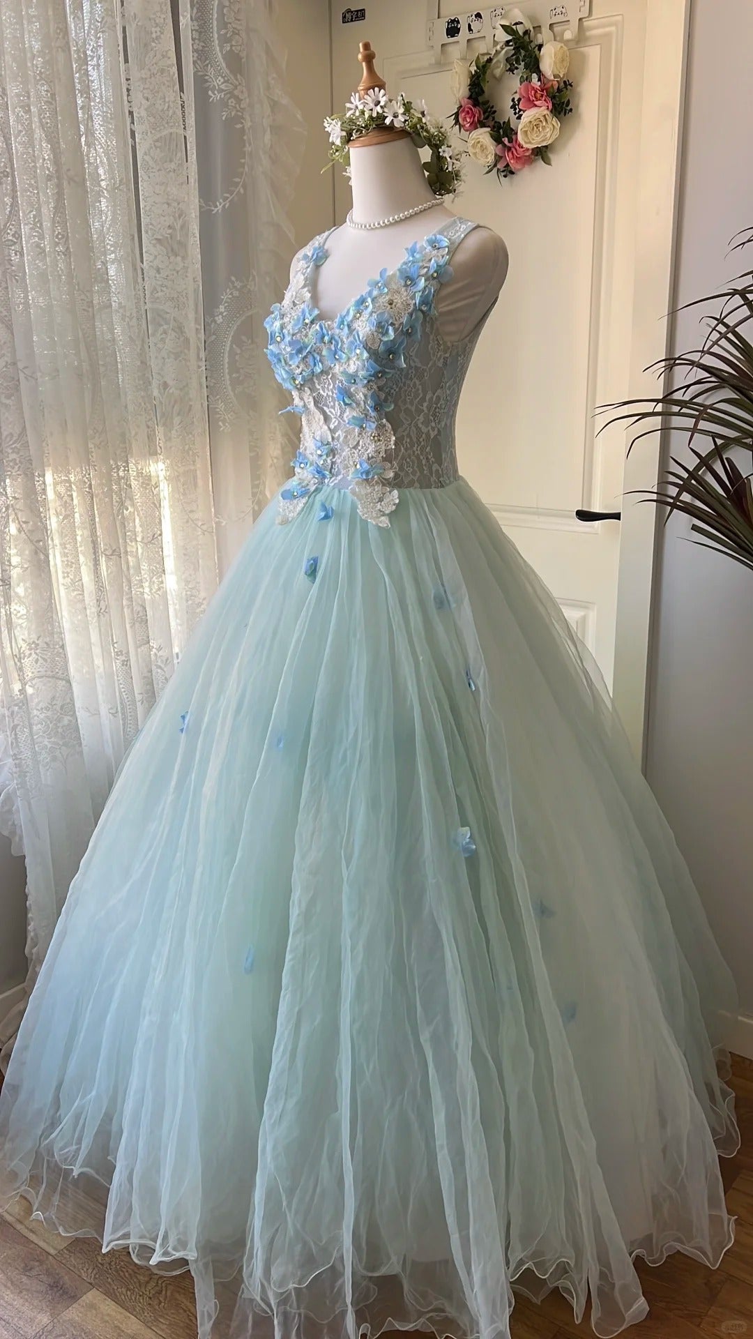 Dreamy Flower Fairy Light Blue 3D Floral V-Neck Tulle Ball Gown Evening Dress