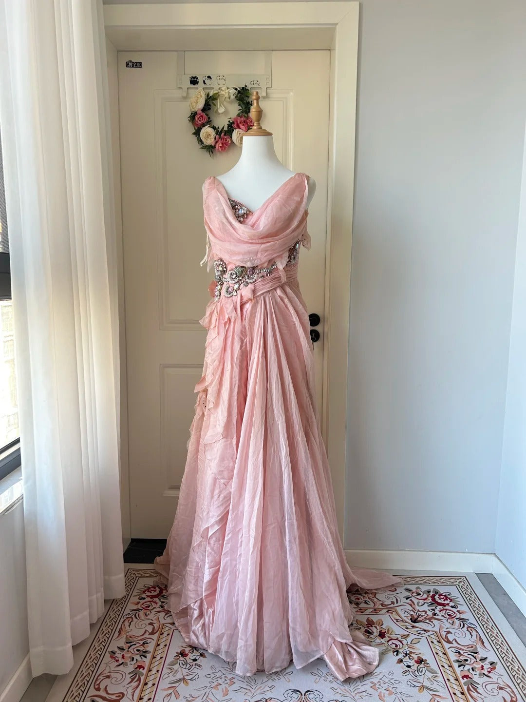 Vintage Pink A-line Rhinestone Beaded Chiffon Long Prom Dress Evening Dress