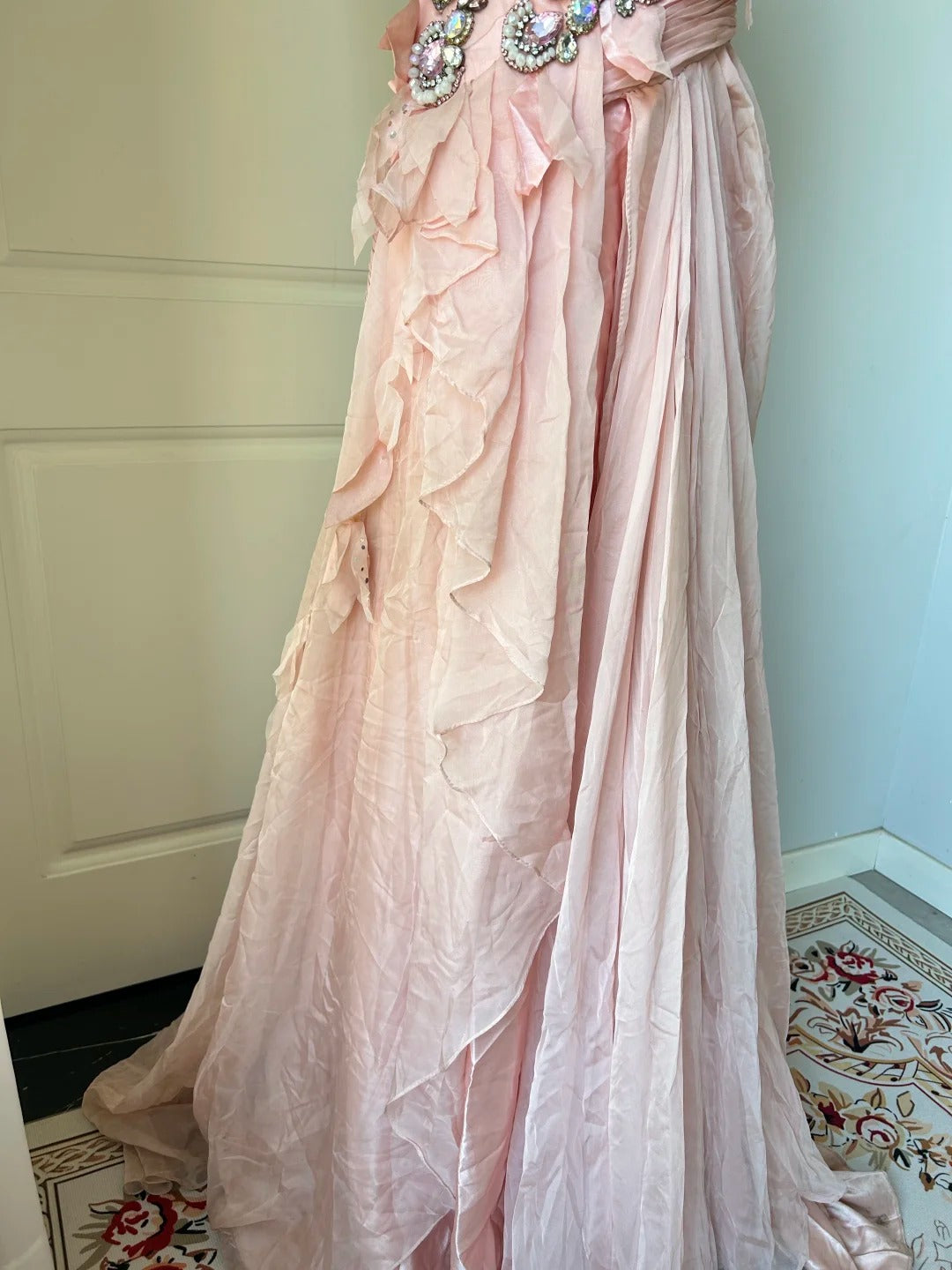 Vintage Pink A-line Rhinestone Beaded Chiffon Long Prom Dress Evening Dress