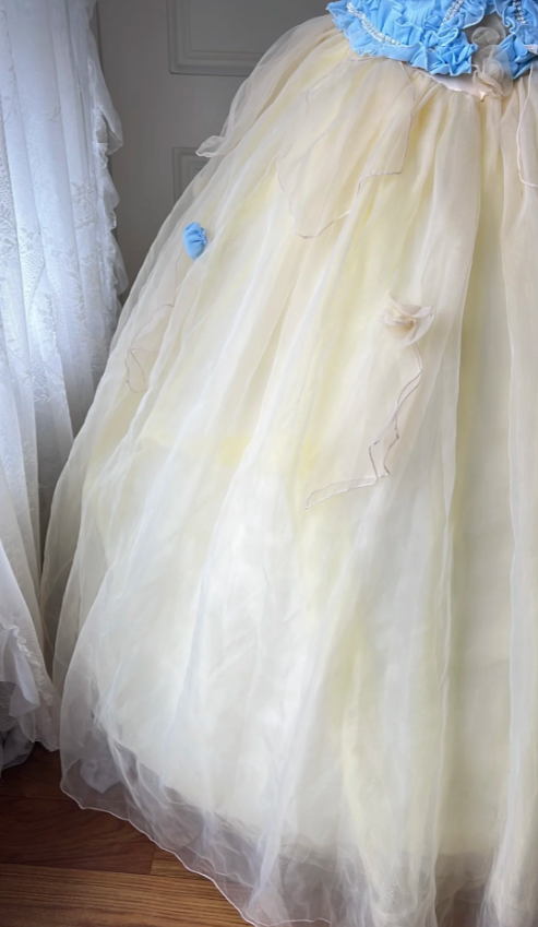 Dreamy Blue and Yellow Color-blocked Strapless Tulle Ball Gown Evening Dress Sweet 16 Dress