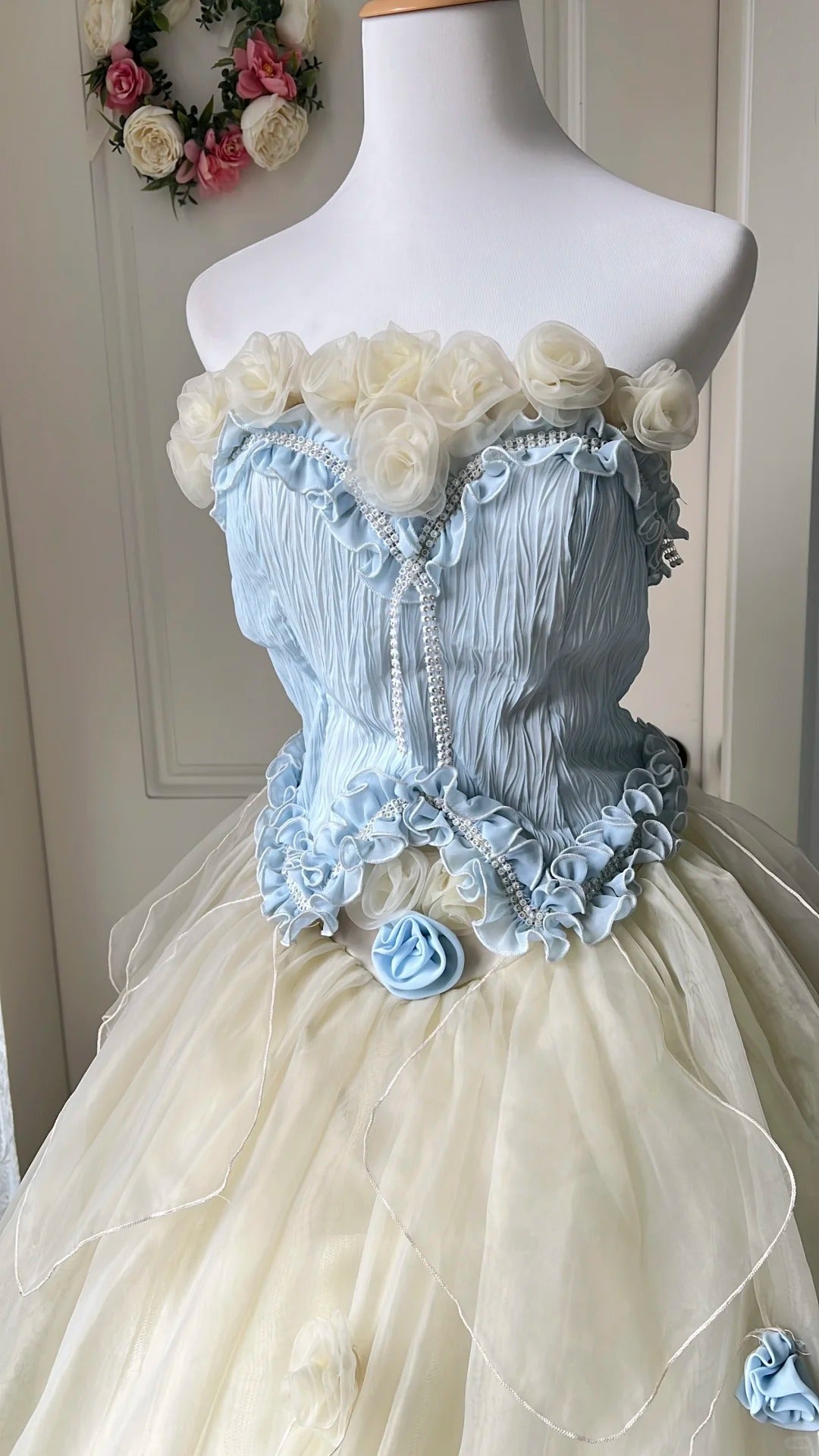 Dreamy Blue and Yellow Color-blocked Strapless Tulle Ball Gown Evening Dress Sweet 16 Dress