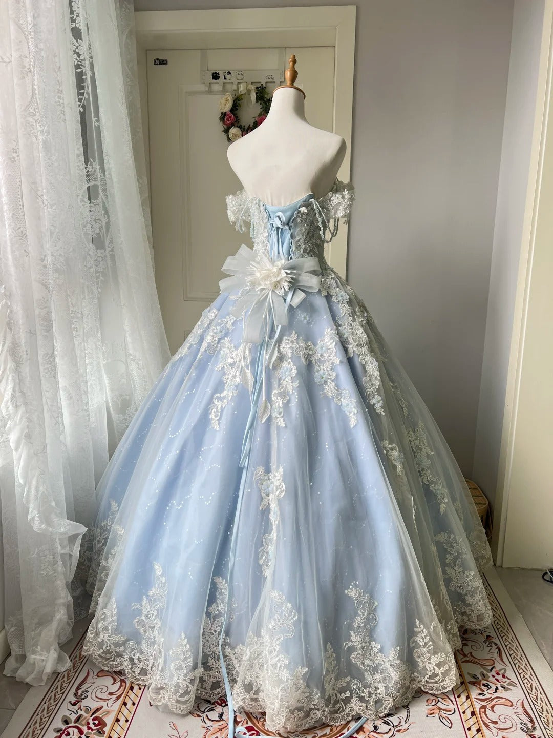 Princess Light Blue Lace Tulle Ball Gown Evening Dress Sweet 16 Dress