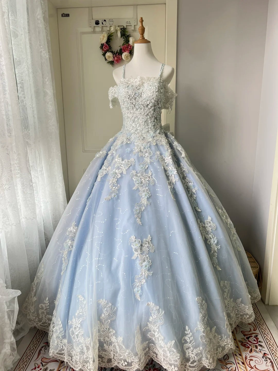 Princess Light Blue Lace Tulle Ball Gown Evening Dress Sweet 16 Dress
