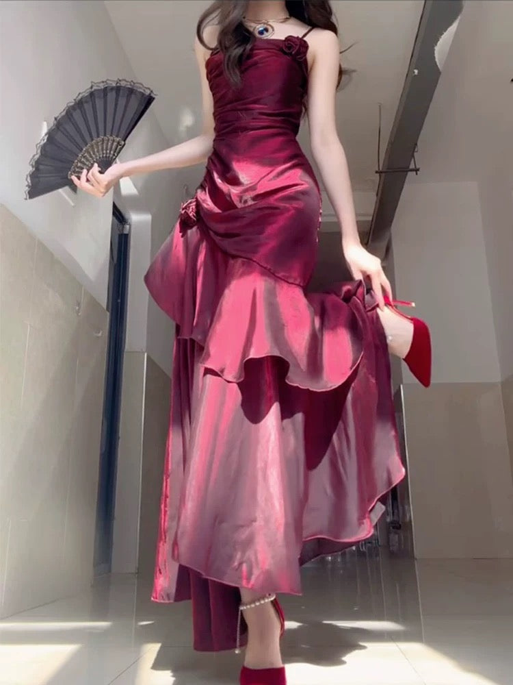 Wine Red Satin Long Straps Prom Dress Wine Red A-line Party Dress