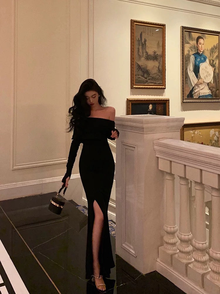 Sexy Sheath Off The Shoulder Black Slit Long Sleeves Prom Dresses Birthday Outfits
