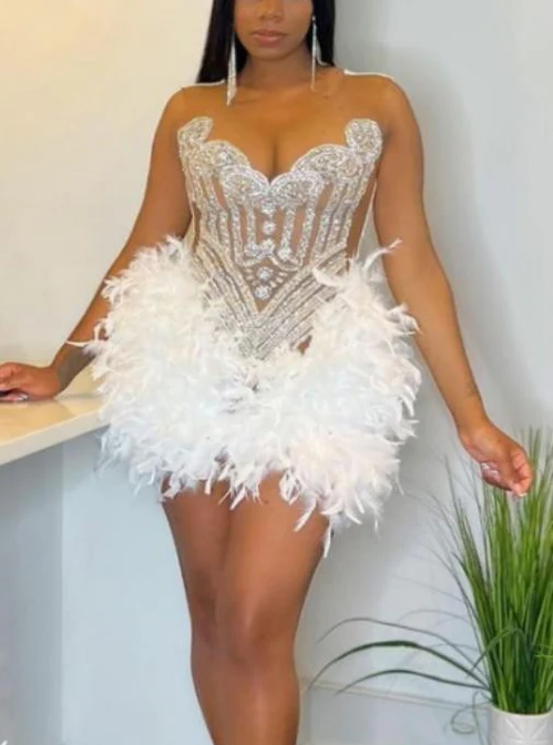 Luxury Feather Beaded Sweetheart Neckline Mini Cocktail Dress Pink Short Party Dress Homecoming Dress