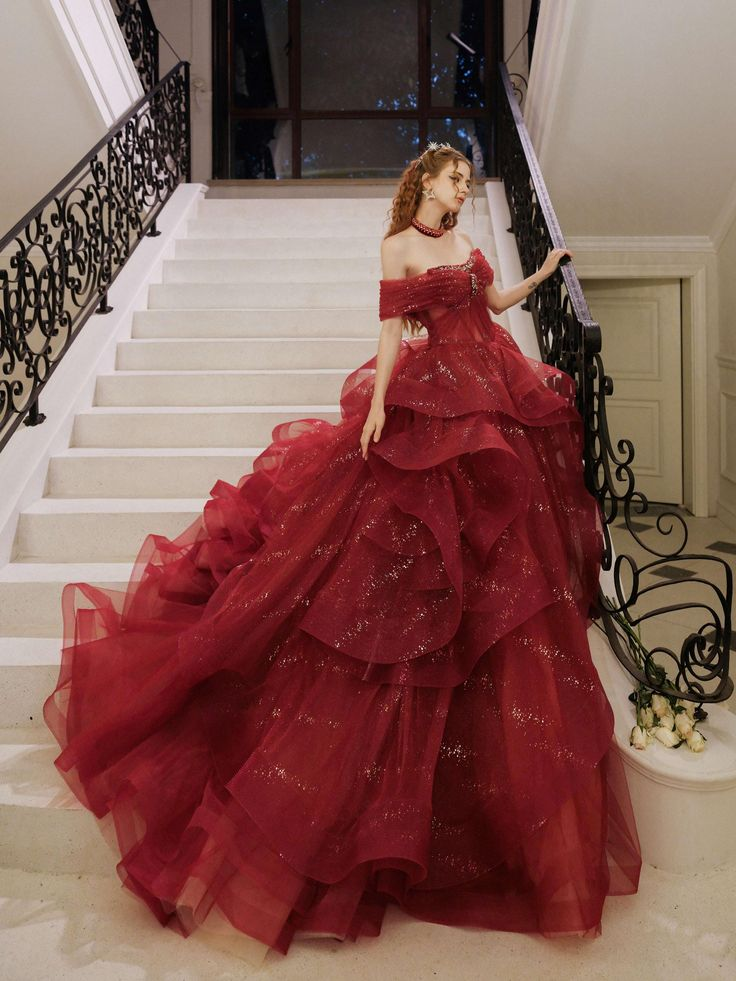 Glitter Off-Shoulder Evening Gown, Red Tulle Beaded Ball Gown Fairy Quinceanera Dress