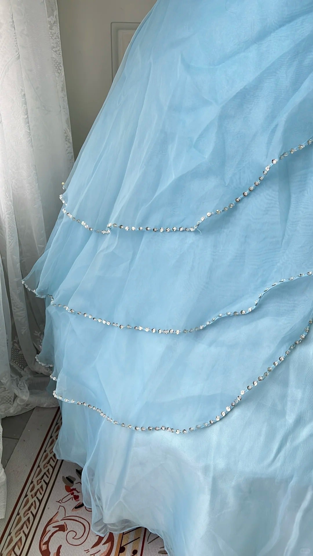 Dreamy Princess Blue Strapless Embroidered Tulle Ball Gown Evening Dress Sweet 16 Dress