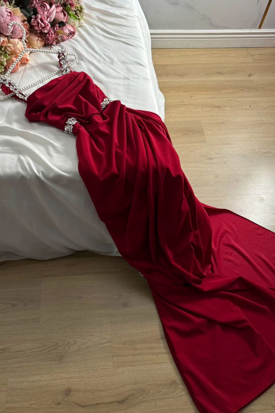 Elegant Sheath Straps Burgundy Satin Silver Beads Slit Long Prom Dresses Formal Dress