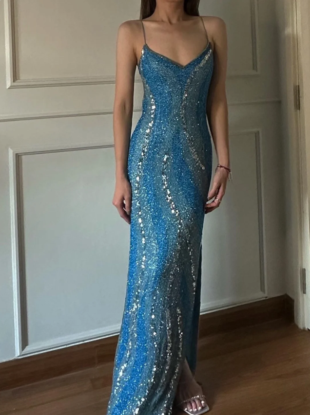 Gorgeous Blue Mermaid Halter V-neck Backless Sequined Long Prom Dress Evening Dress