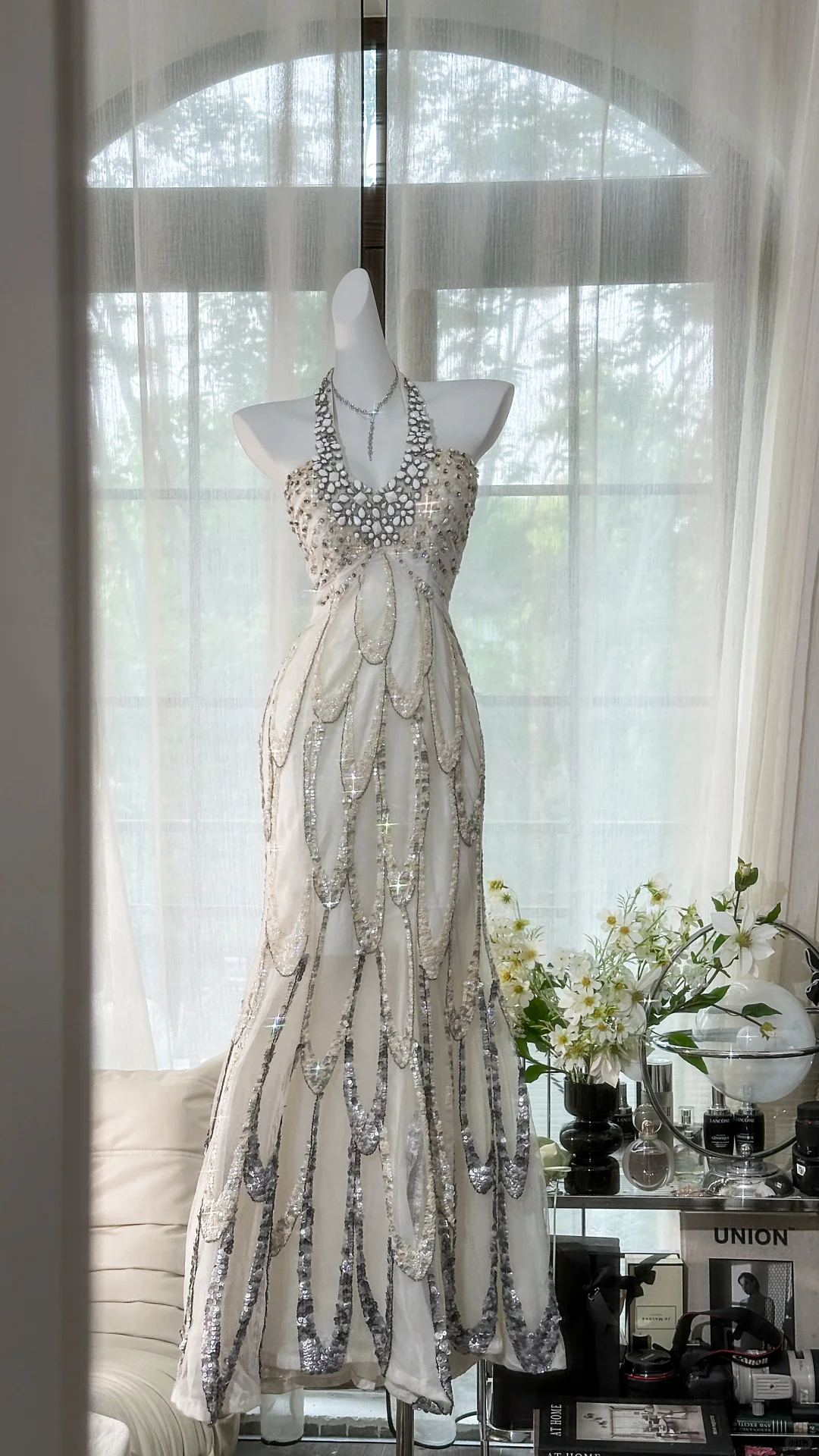 Classy Halter Chiffon Sequin Beaded Mermaid Evening Dress Long Prom Gown