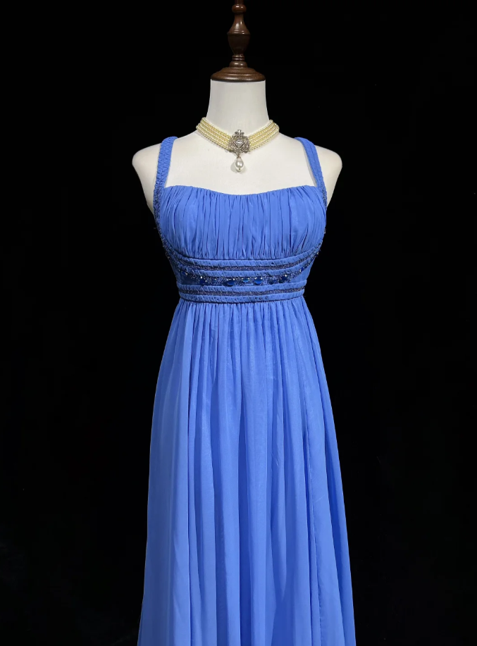 Elegant Spaghetti Straps Blue Chiffon Beaded Long Wedding Guest Dress Formal Birthday Prom Dress Evening Dress
