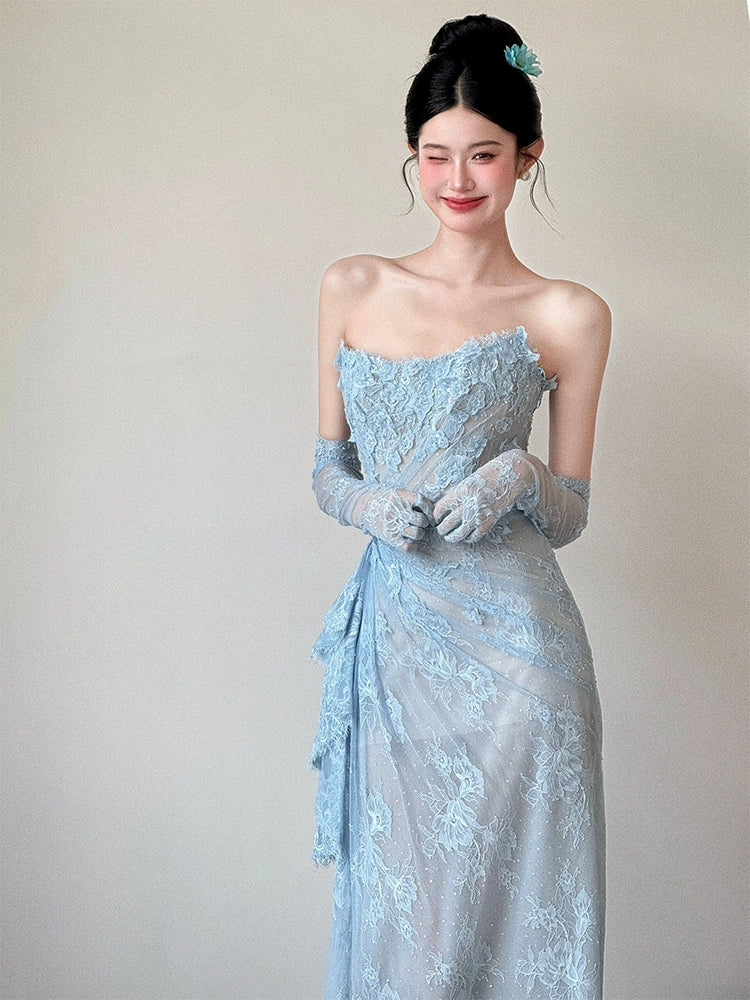 Blue Lace Mermaid Long Prom Dress Sexy Evening Dresses With Side Split