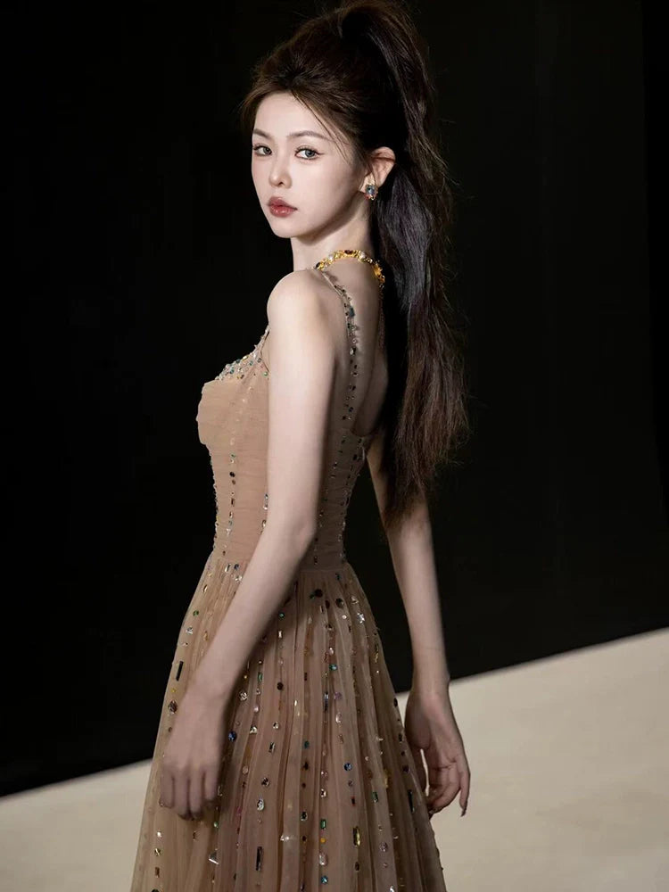 A Line Champagne Long Prom Dress Sexy Evening Dresses