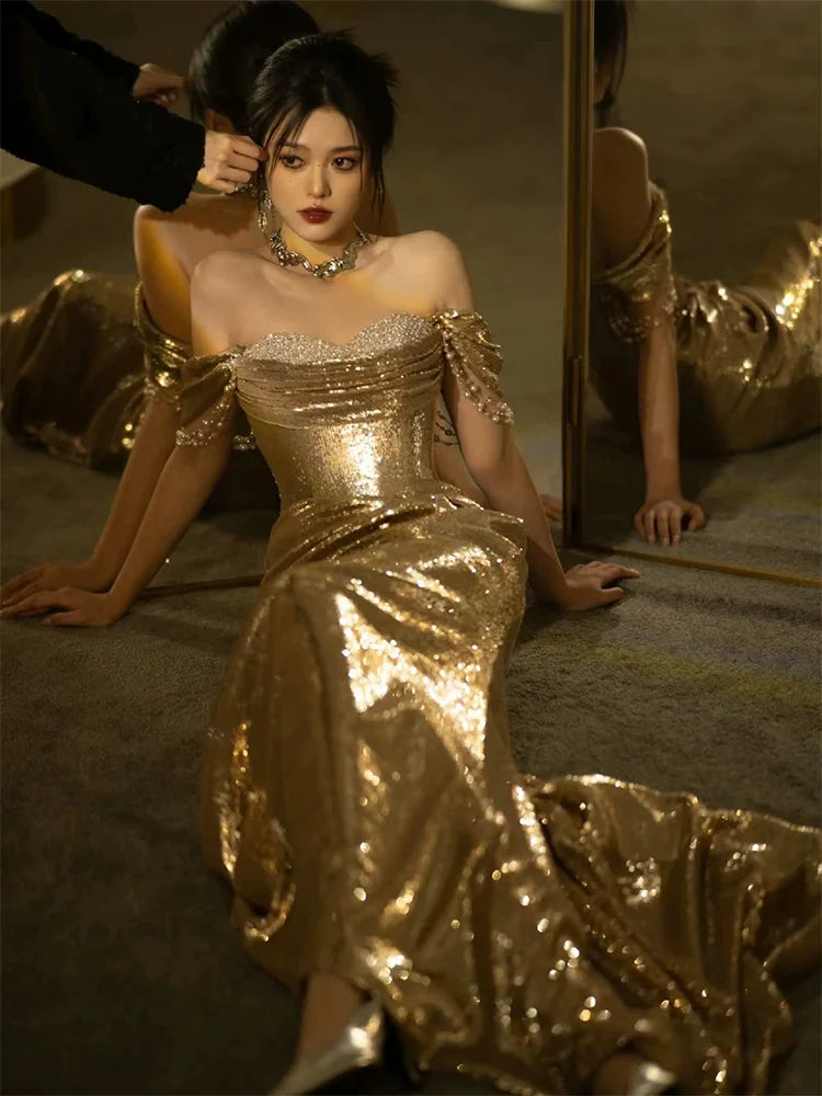 Mermaid Gold Long Prom Dress Sexy Off Shoulder Evening Dresses