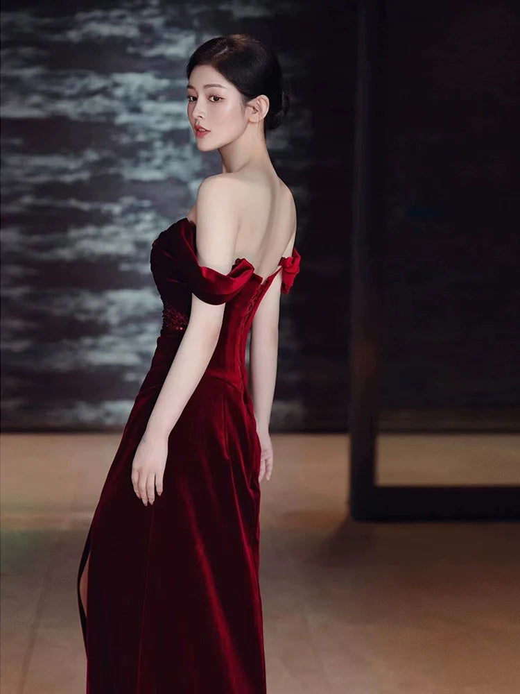 Burgundy Velvet Mermaid Long Prom Dress Off Shoulder Evening Dresses With Slit