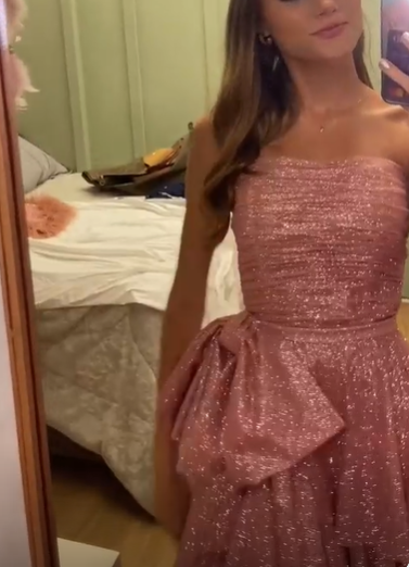 Chic Pink High Low Strapless Long Prom Dress Sequin Layered Party Gown Evening Dress