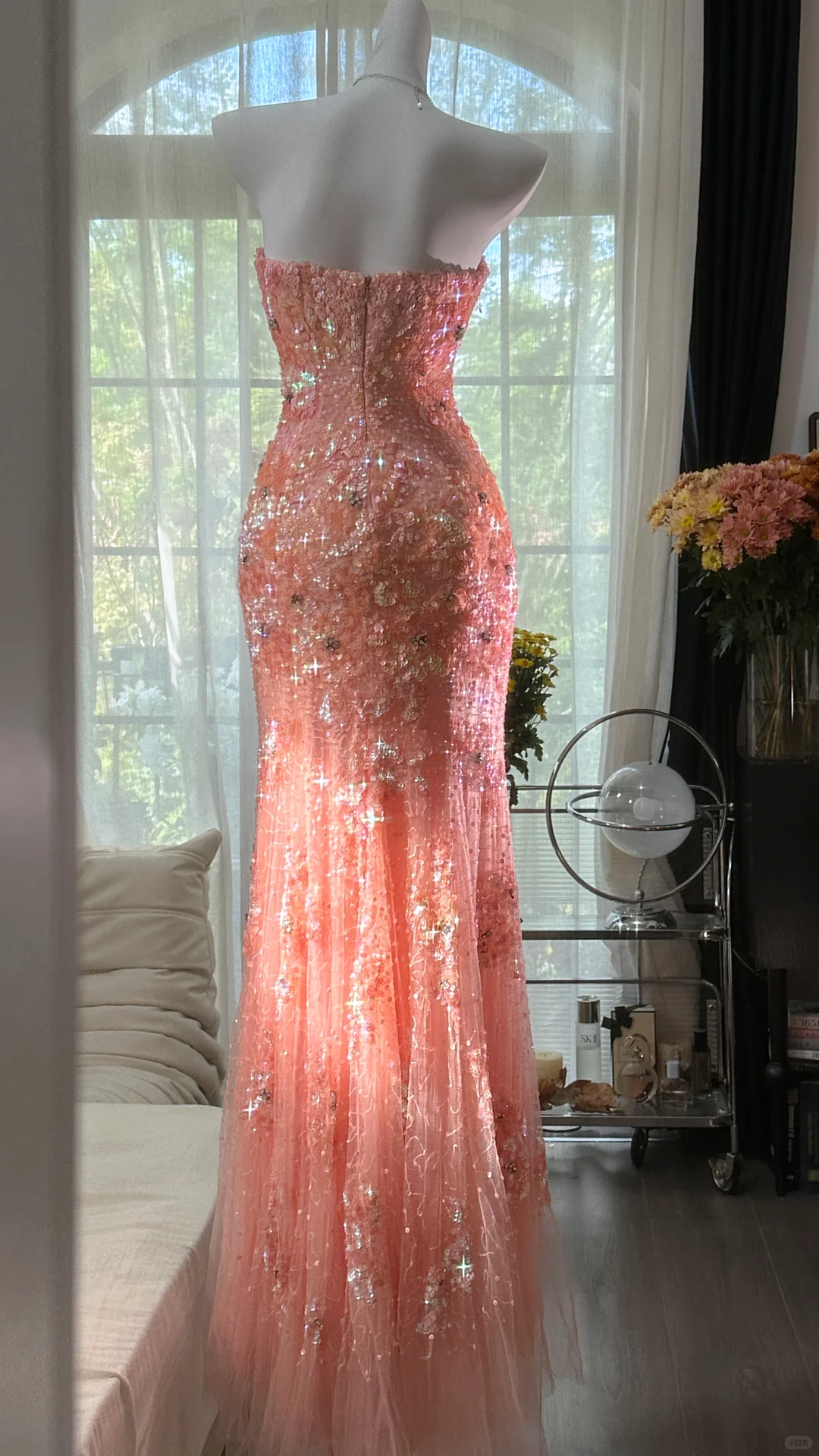 Glitter Strapless Pink Tulle Sequin Beaded Mermaid Party Dress Slit Long Evening Gown