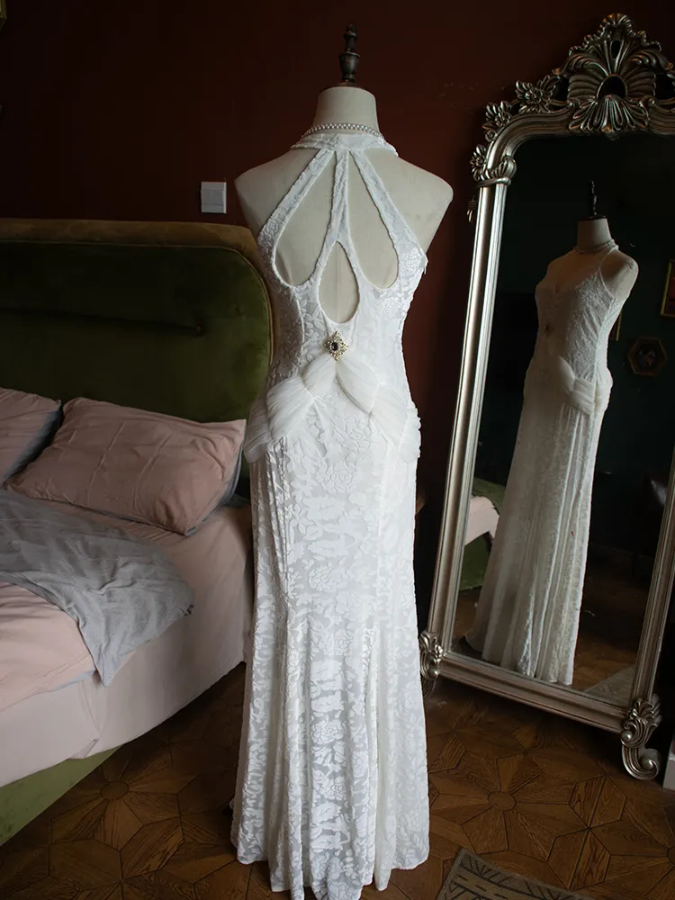 Vintage White V-Neck Backless Lace Mermaid Evening Dress Elegant Prom Party Dress