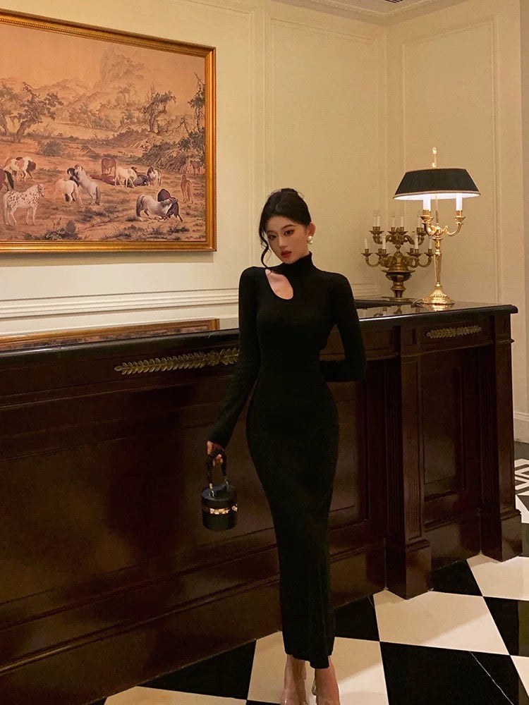 Sexy Sheath High Neckline Black Long Sleeves Prom Dresses Birthday Outfits