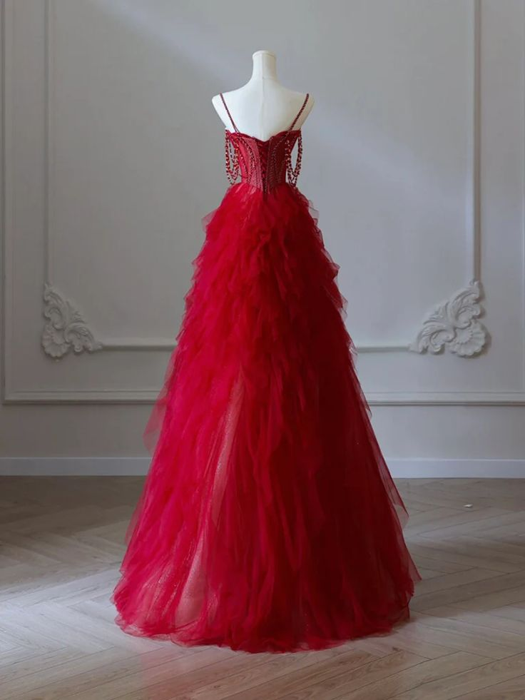 Charming Burgundy Sweetheart Neck Tulle Beads Long Prom Dress A Line Party Evening Gown