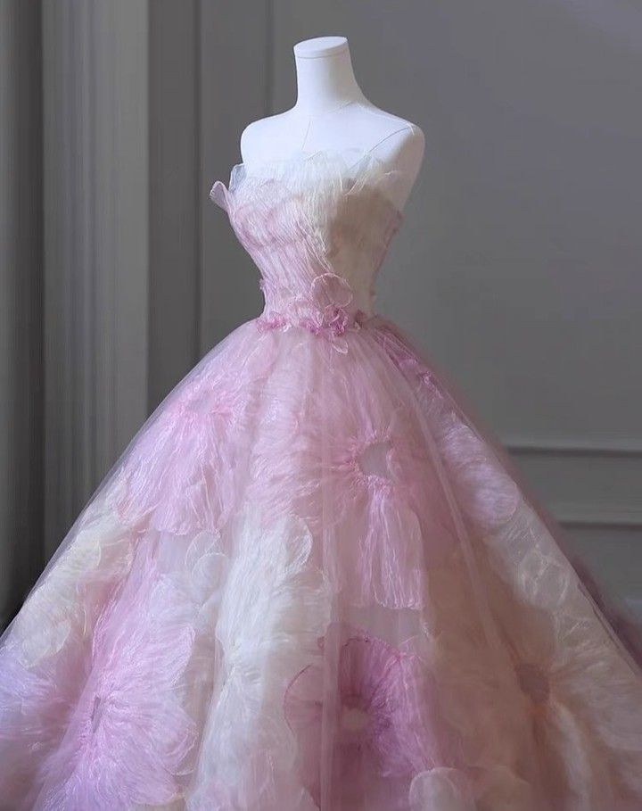 Fairy Pink 3D Appliques Flower Formal Ball Gown Elegant Strapless Sweet 16 Dress