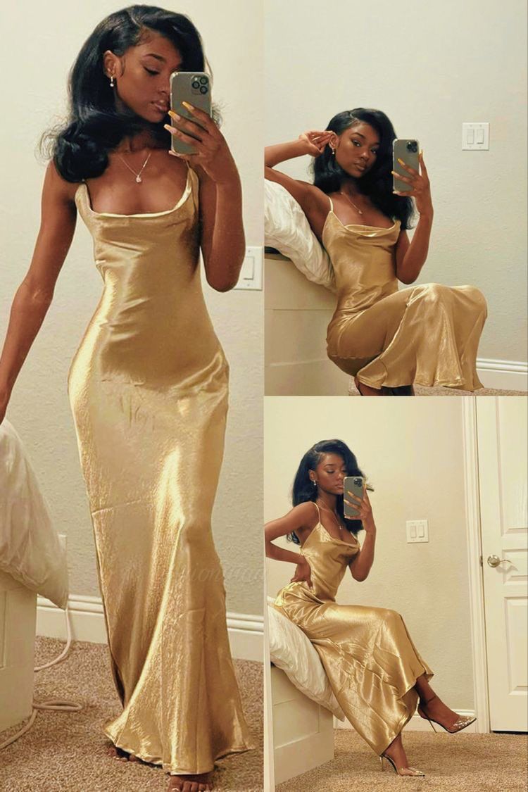 Mermaid Spaghetti Straps Long Prom Dress Gold Charming Evening Dress Black Girls Prom Dress