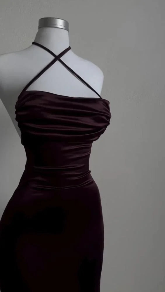 Elegant Sheath Halter Sleeveless Burgundy Satin Backless Prom Dresses Long Evening Dress