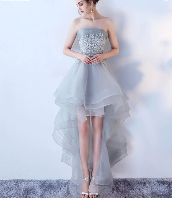 Gray tulle lace high low prom dress, cute homecoming dress