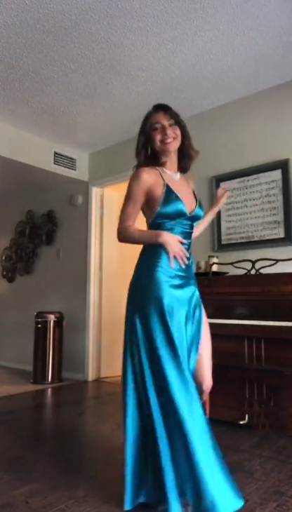 Classy Spaghetti Straps Blue Satin Beaded A Line Slit Long Wedding Guest Dress Evening Gown