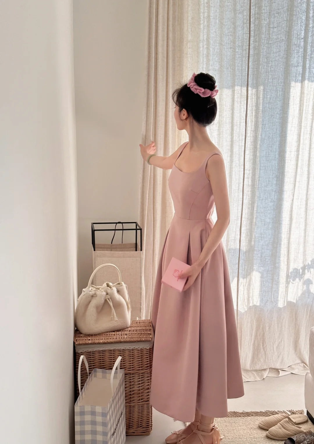 Elegant Pink A-line Square Neck Strap Satin Long Prom Dress Evening Dress