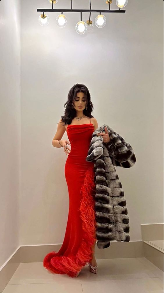 Sexy Mermaid Red Straps Long Prom Dress,Formal Evening Dress With Feathers