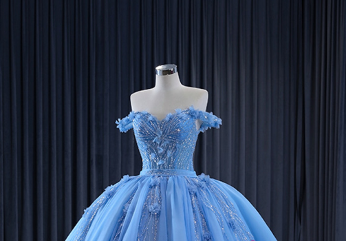 Glitter Blue Ball Gown Tulle Off the Shoulder Sequins Appliques Prom Dress