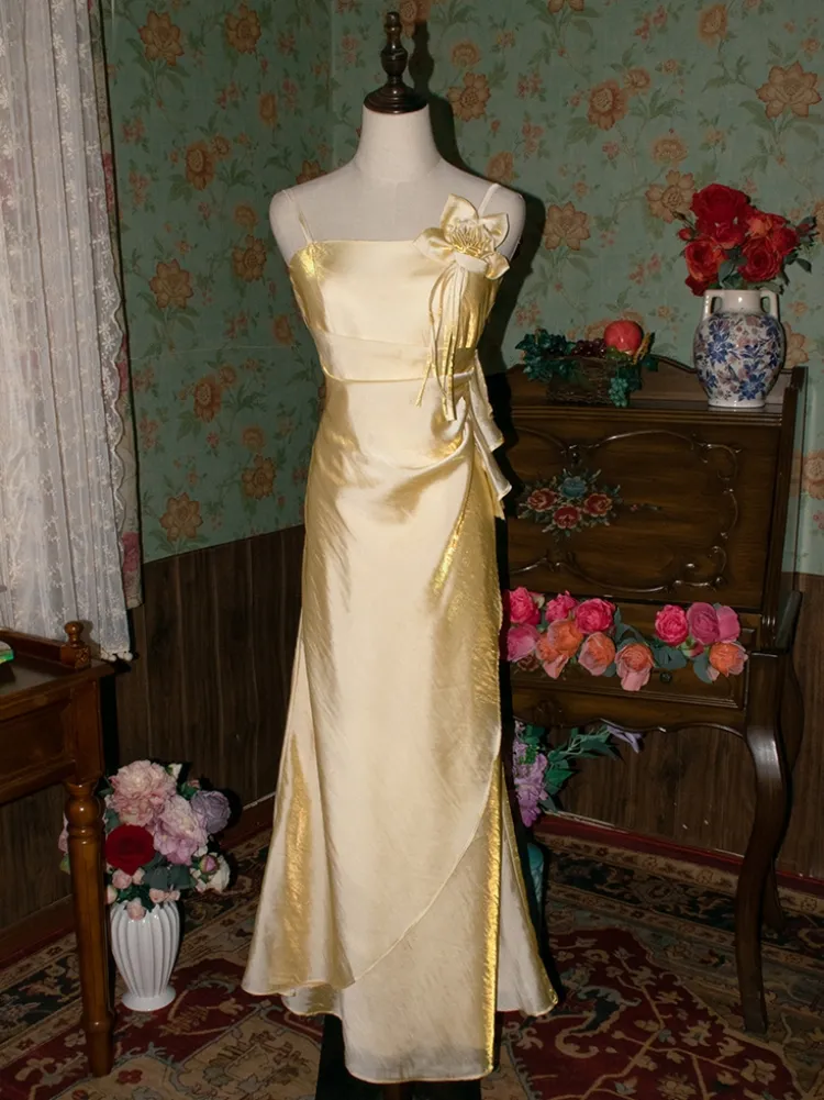 Vintage Yellow Floral Embellished Evening Gown Fairy Princess Party Evening Dress