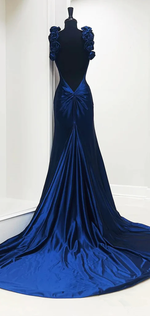 Elegant Deep V Navy Blue Mermaid Long Party Dress Evening Dress